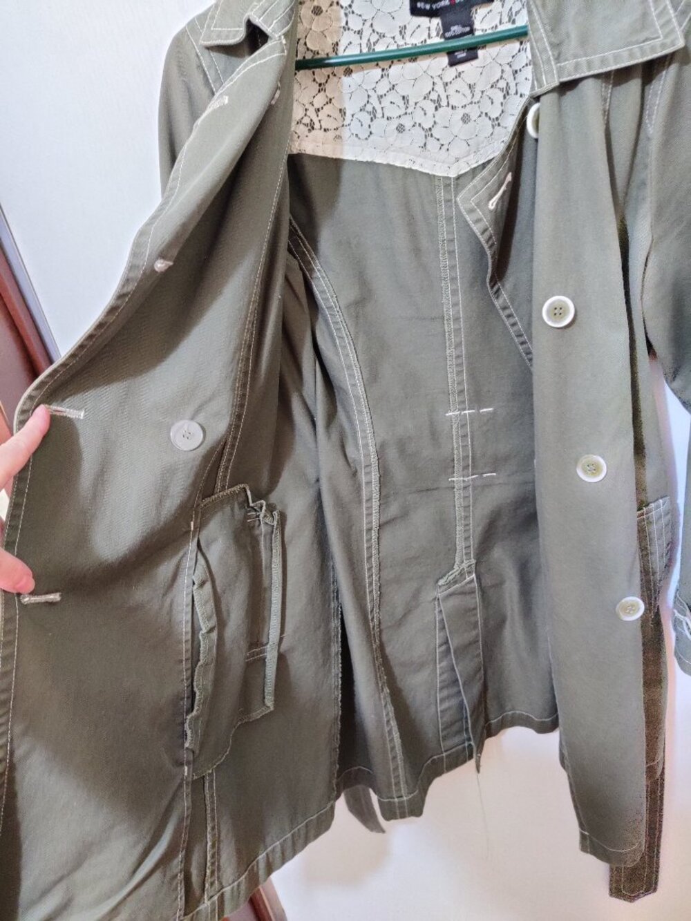 New York & Company Women M Army Olive Green Double Breasted Coat Only Worn Twice - Picture 4 of 4